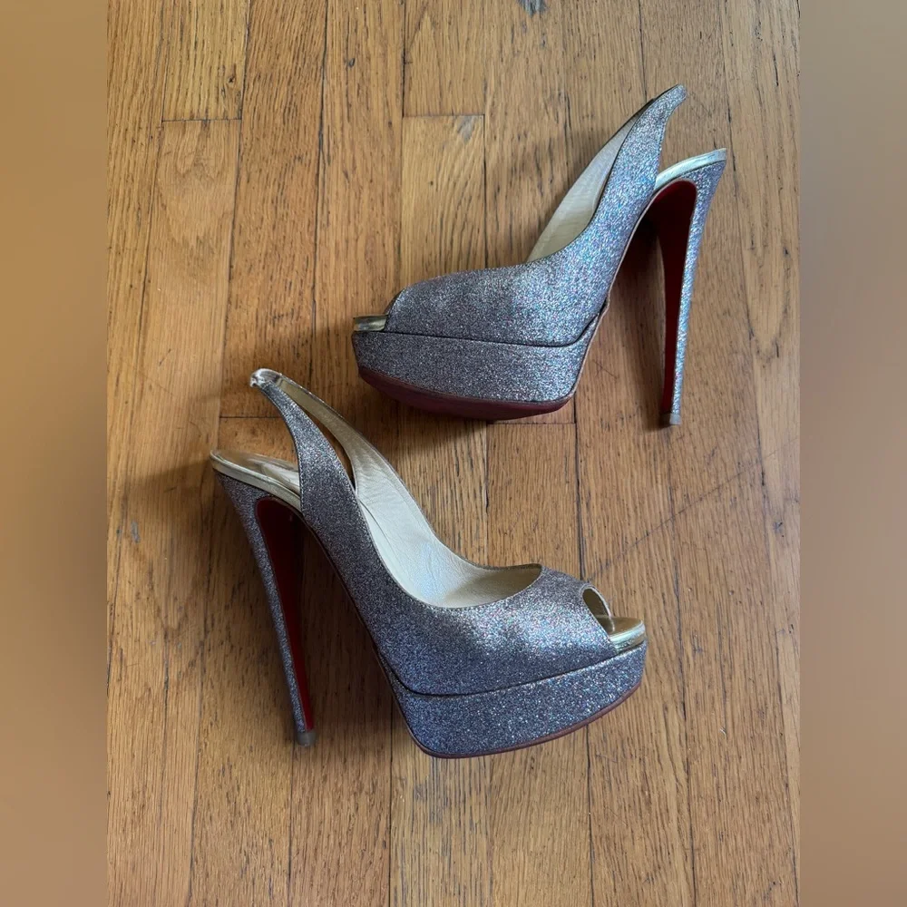 Christian Louboutin Lady Peep 150 Rainbow Glitter Peep Toe Sling Back Sz 40 - Picture 15 of 16